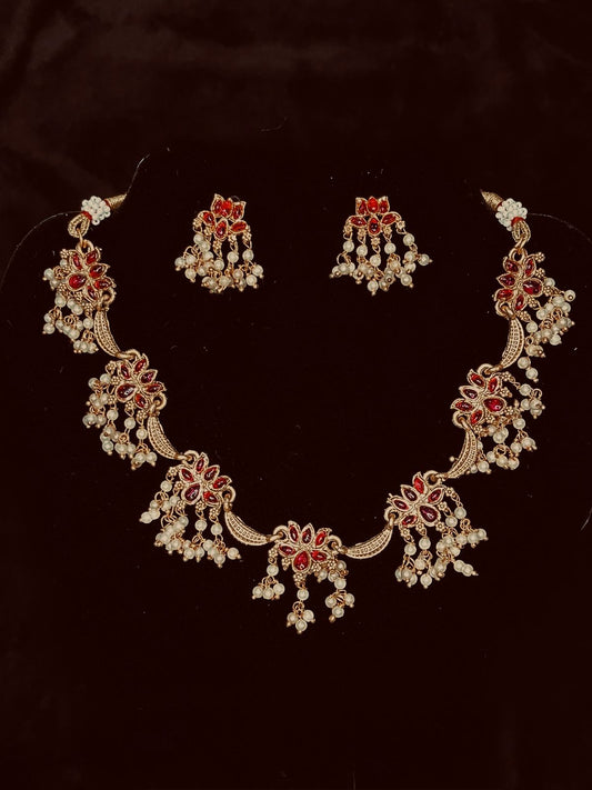 Reddish pink Lotus Necklace Set with Pearls