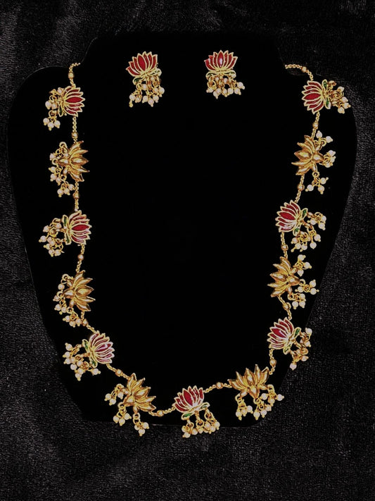 Pink & Green Long Lotus Necklace Set with Pearls