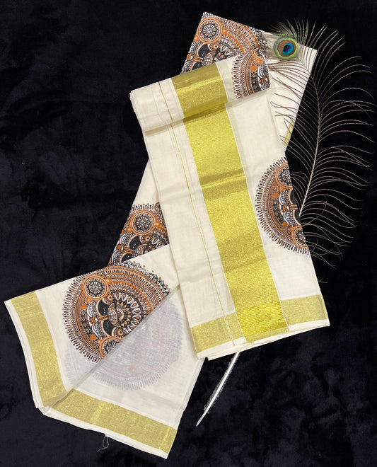 Set Mundu - Orange Theyyam with Gold Kasavu