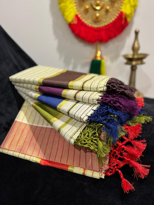 Saree - Gold & Colour Border with Stripes & Tassels