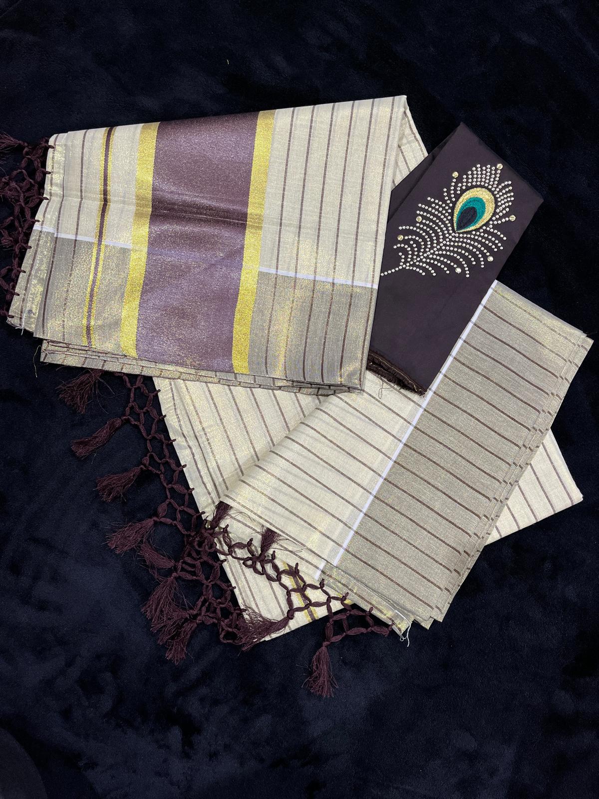 Saree - Gold & Colour Border with Stripes & Tassels