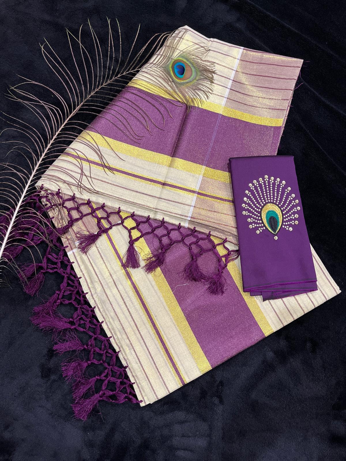 Saree - Gold & Colour Border with Stripes & Tassels