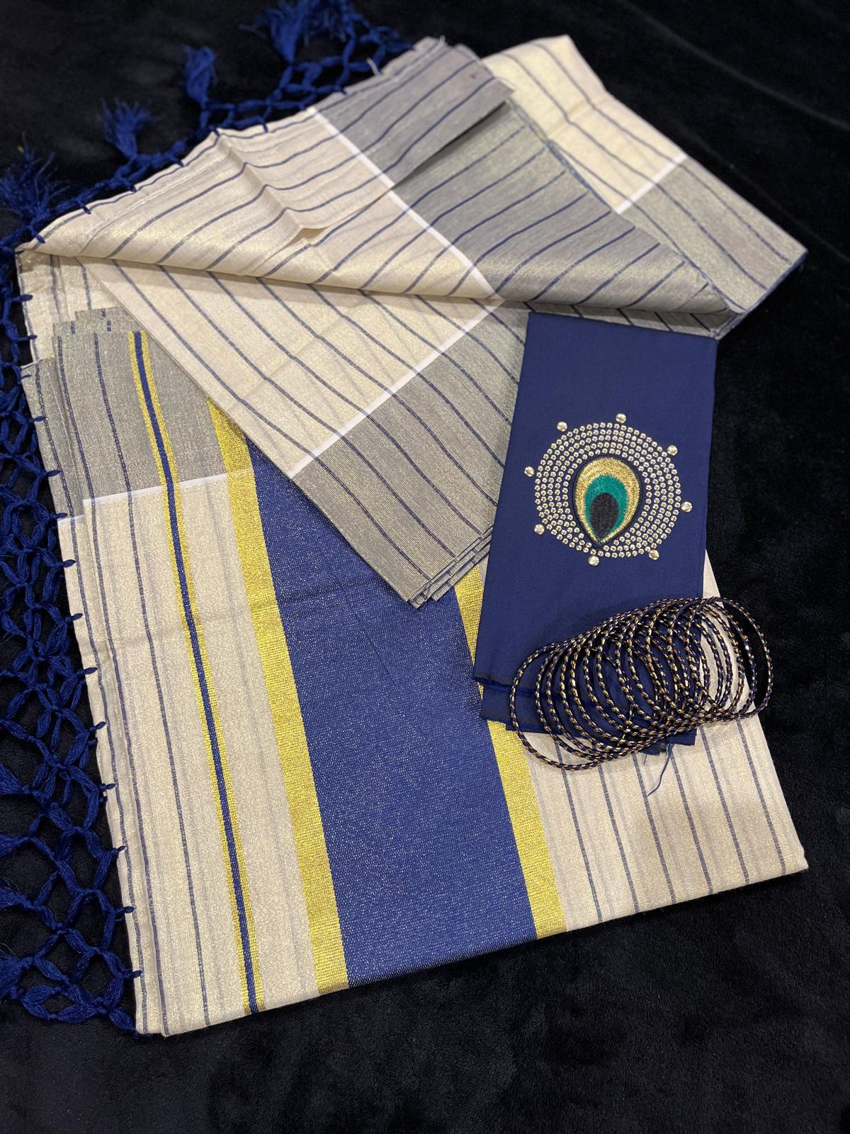 Saree - Gold & Colour Border with Stripes & Tassels