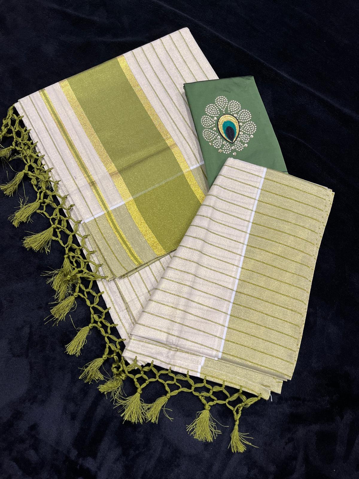 Saree - Gold & Colour Border with Stripes & Tassels