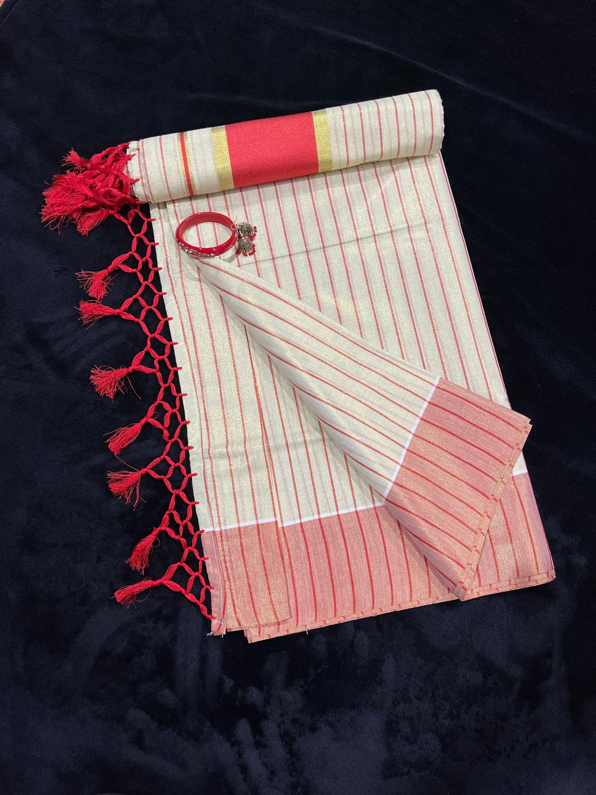 Saree - Gold & Colour Border with Stripes & Tassels