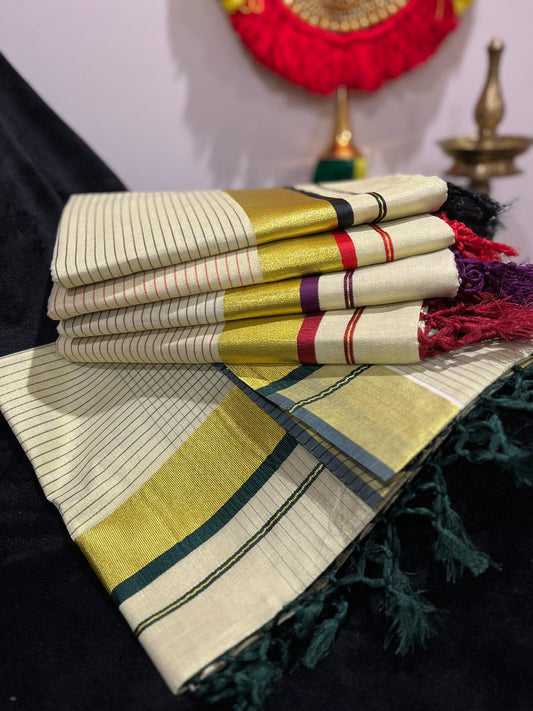 Saree - Gold & Colour Border with Stripes & Tassels