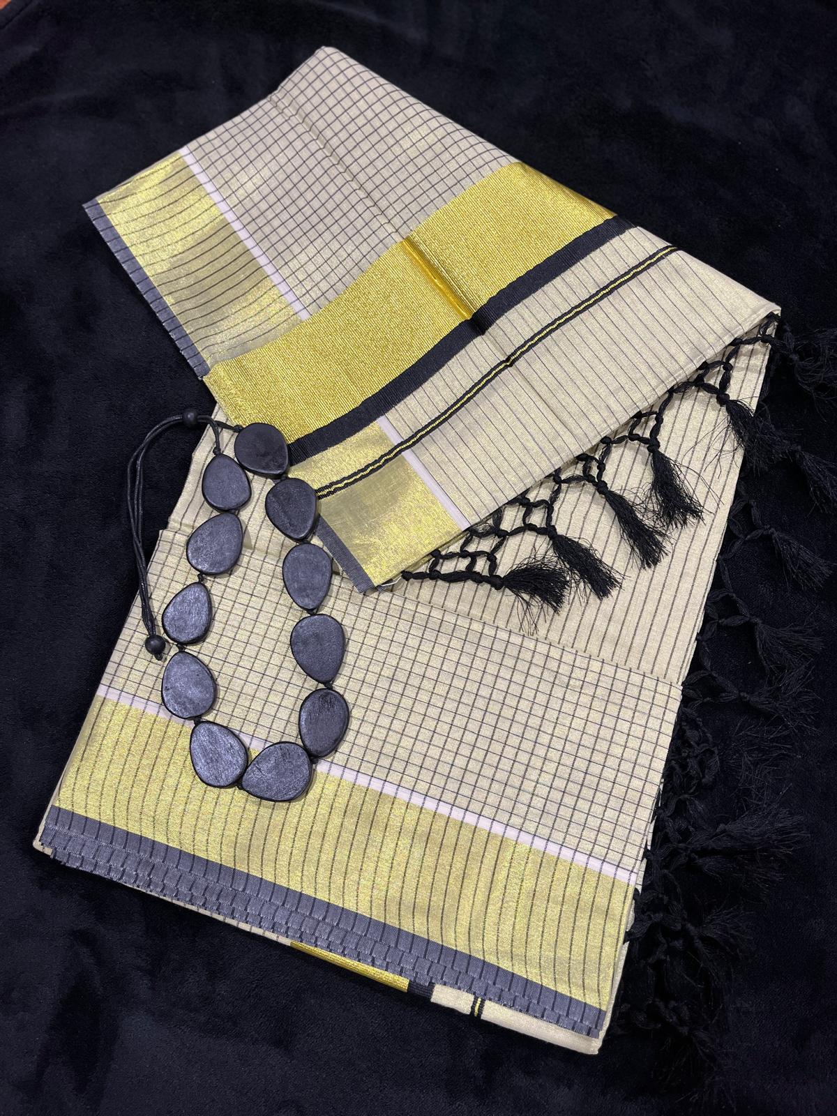 Saree - Gold & Colour Border with Stripes & Tassels