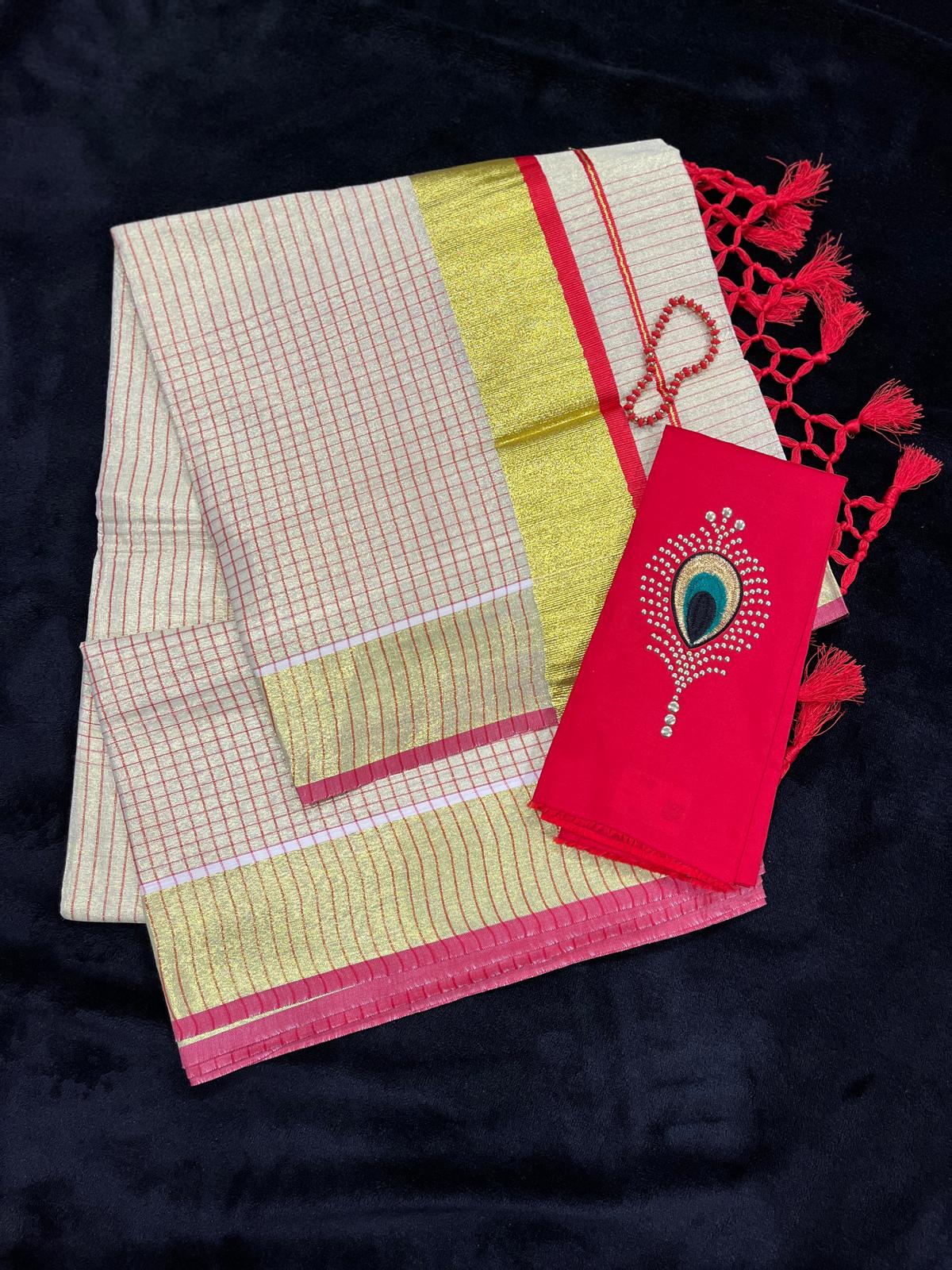 Saree - Gold & Colour Border with Stripes & Tassels