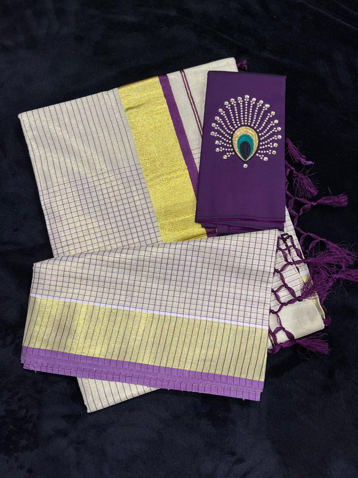 Saree - Gold & Colour Border with Stripes & Tassels