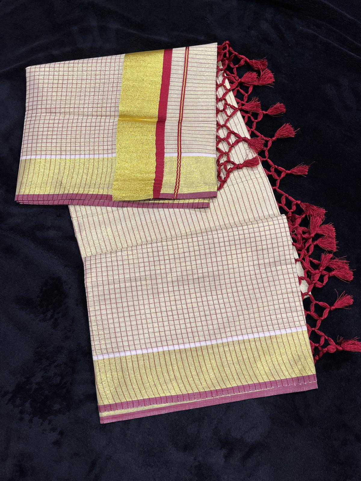 Saree - Gold & Colour Border with Stripes & Tassels