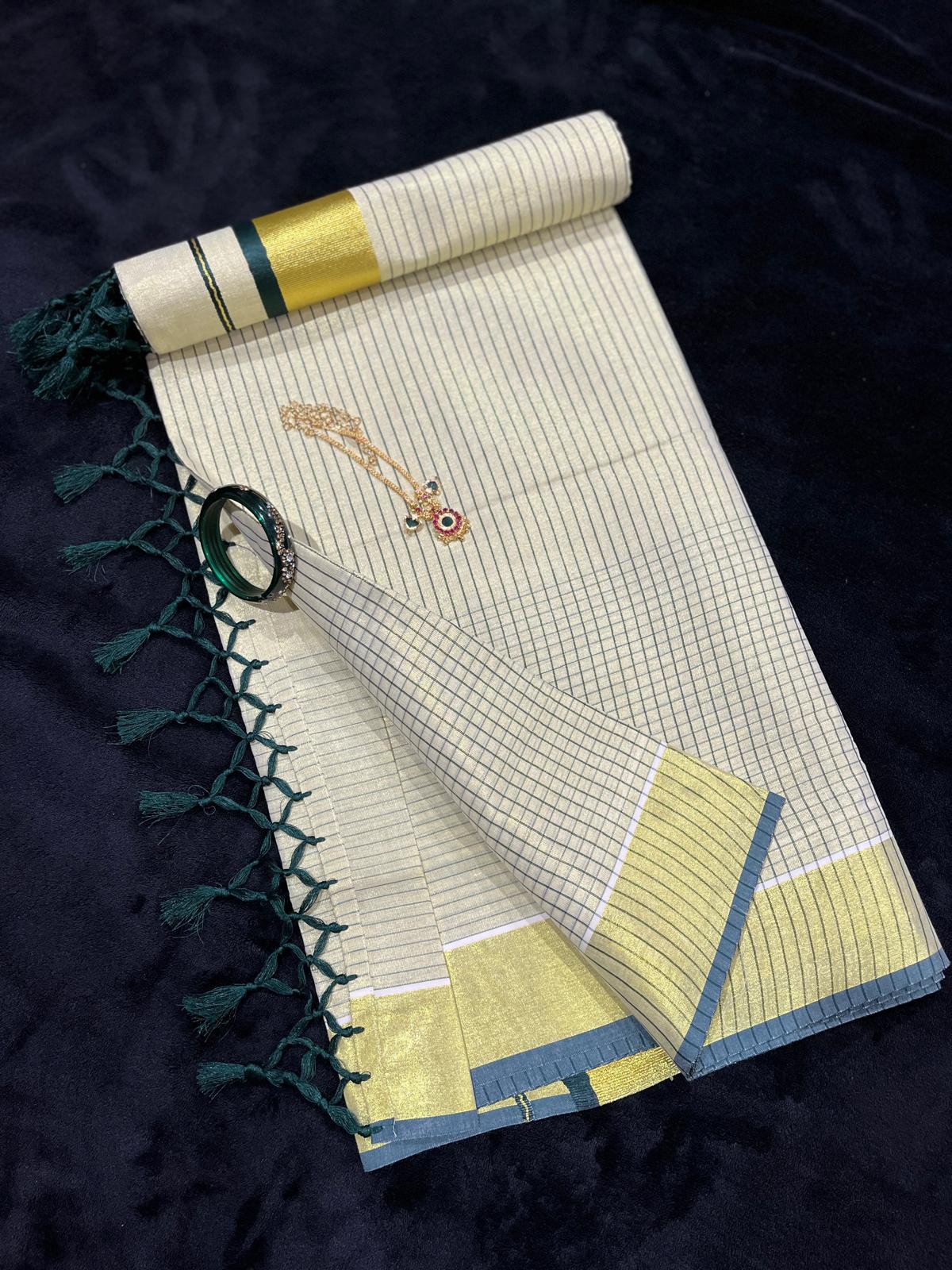 Saree - Gold & Colour Border with Stripes & Tassels
