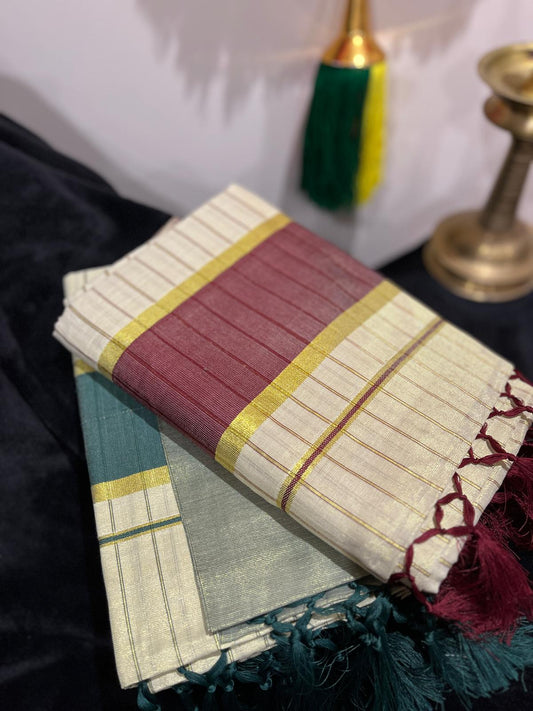 Saree - Gold & Colour Border with Stripes & Tassels