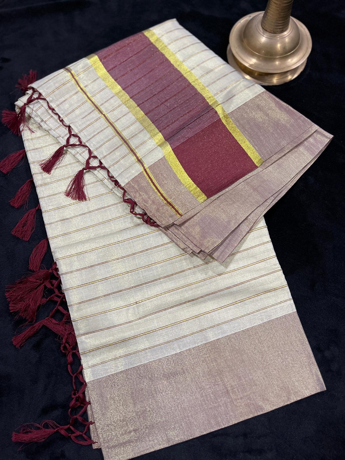 Saree - Gold & Colour Border with Stripes & Tassels