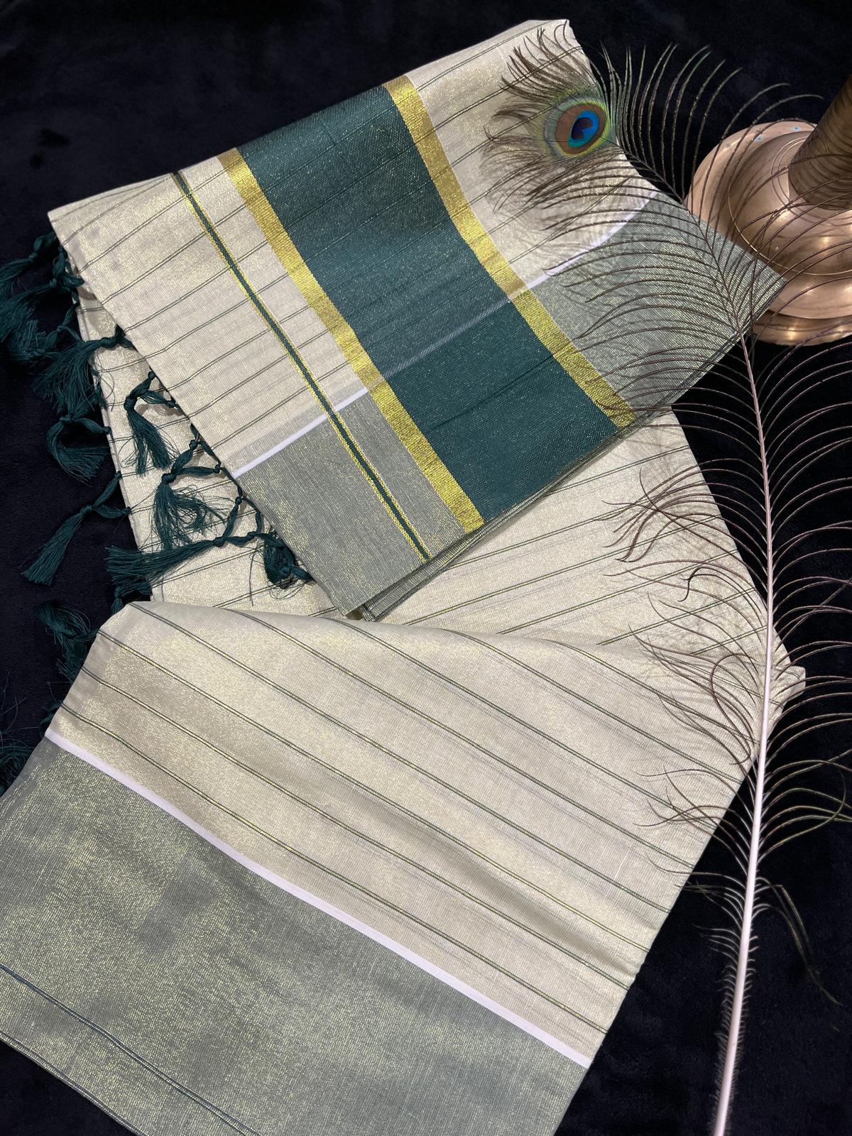 Saree - Gold & Colour Border with Stripes & Tassels