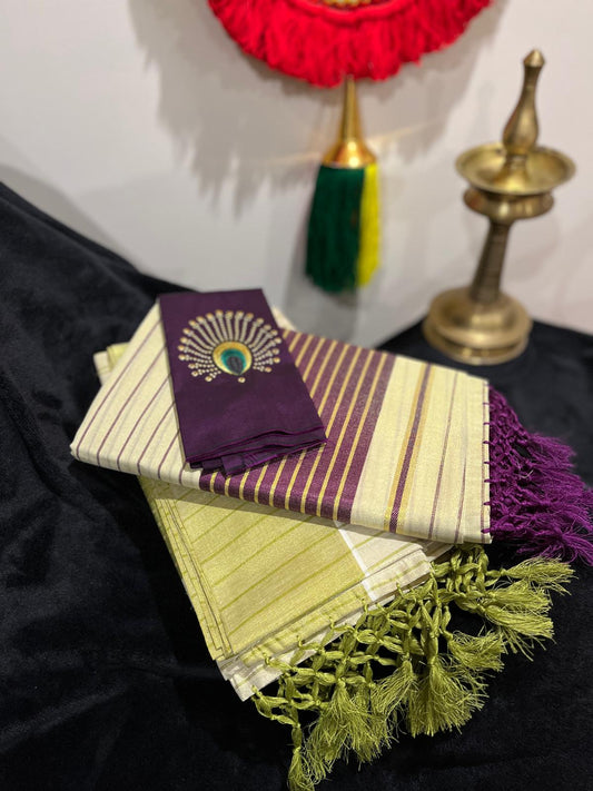 Saree - Gold & Colour Border with Stripes & Tassels