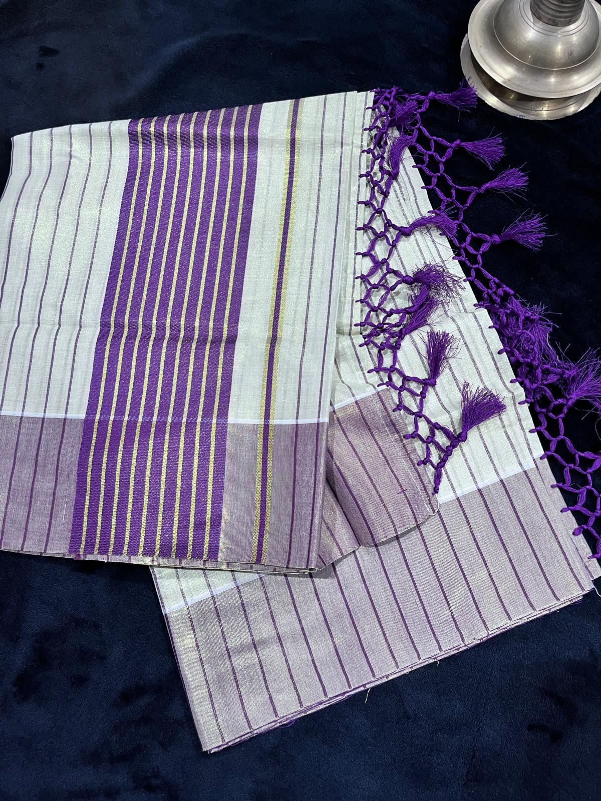 Saree - Gold & Colour Border with Stripes & Tassels