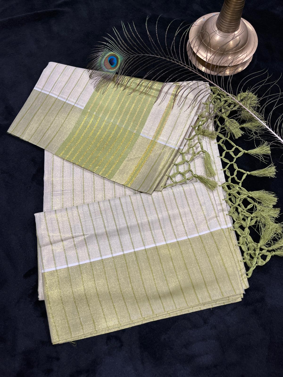 Saree - Gold & Colour Border with Stripes & Tassels