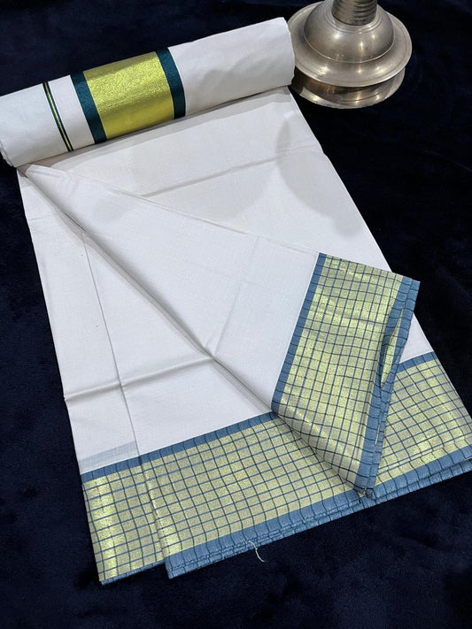 Saree - Gold & Colour Dark Green with Checks