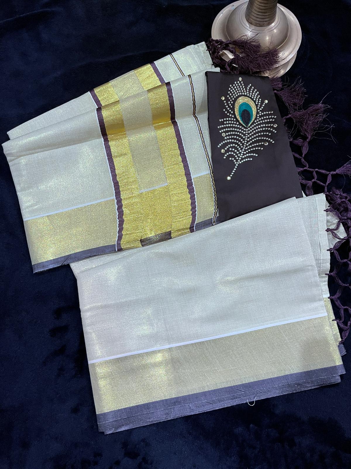 Saree - Gold & Brown Border with Tassels