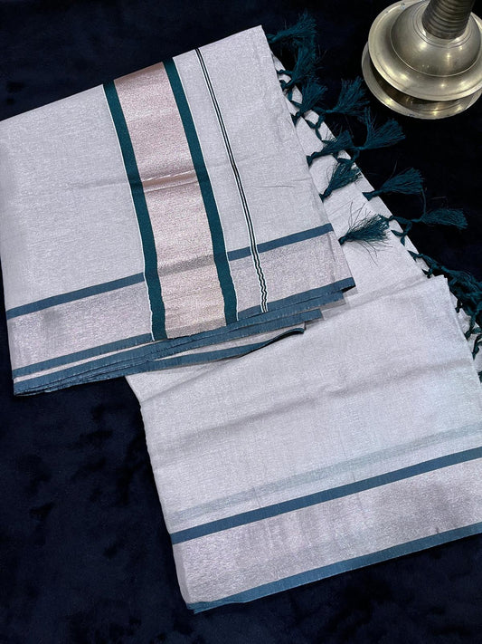 Saree - Rosegold & Dark Green Border with Tassels