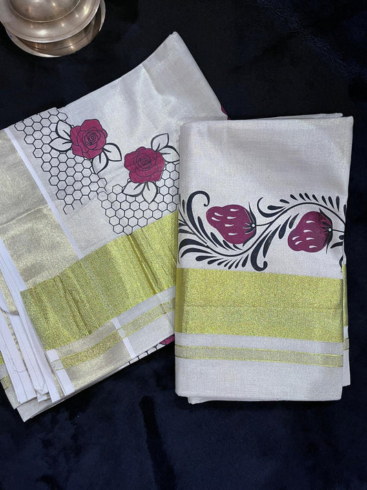 Saree - Gold Kasavu with Prints along Border