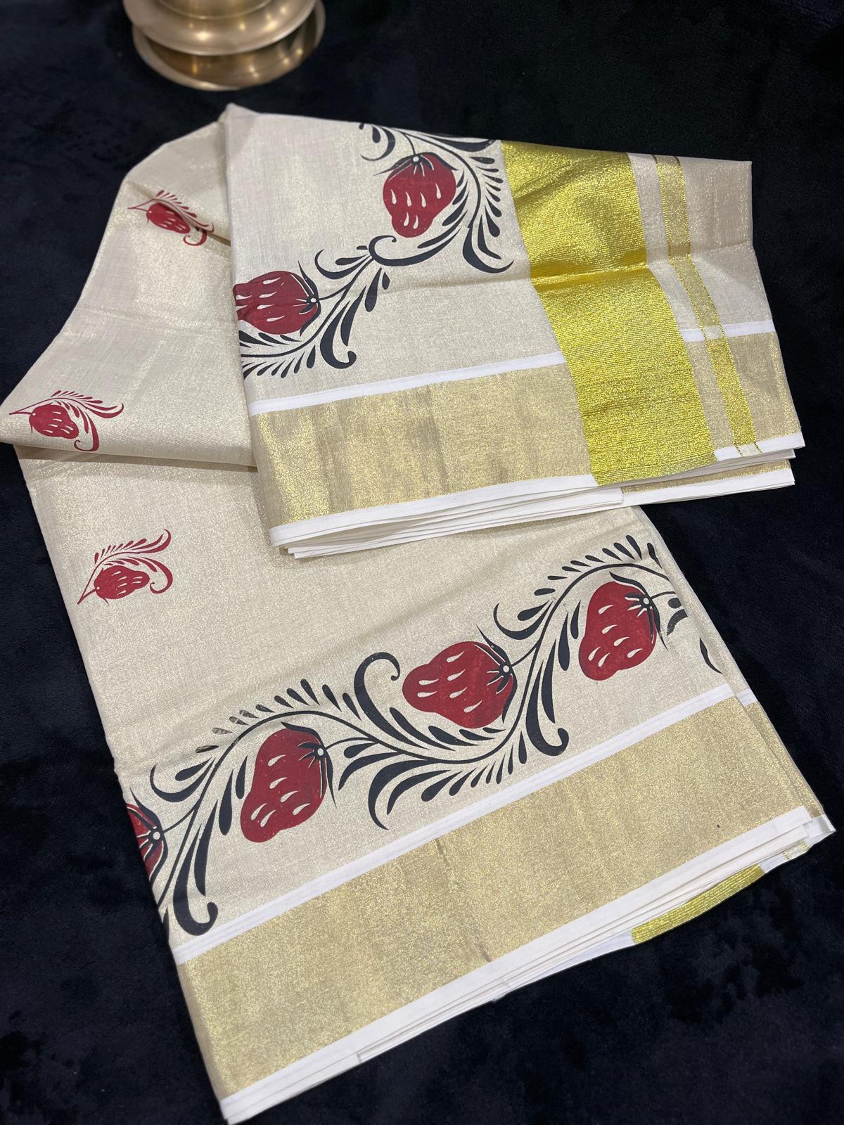 Saree - Gold Kasavu with Prints along Border