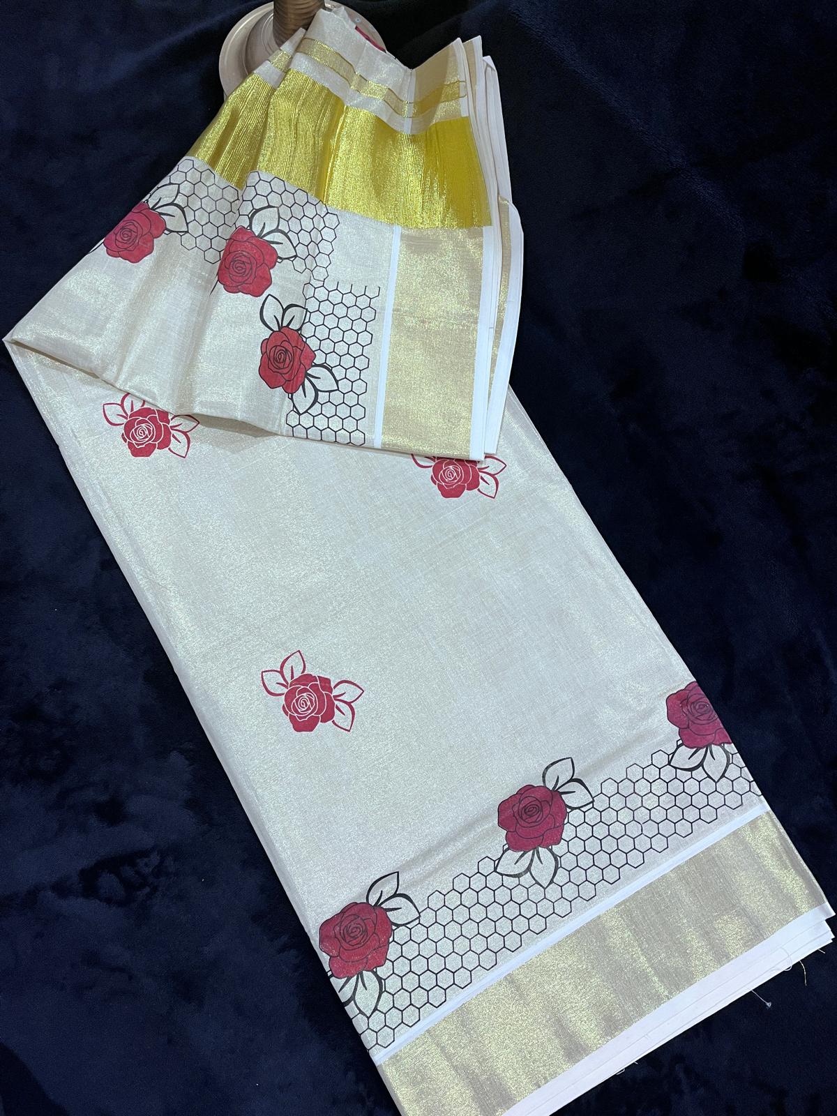 Saree - Gold Kasavu with Prints along Border