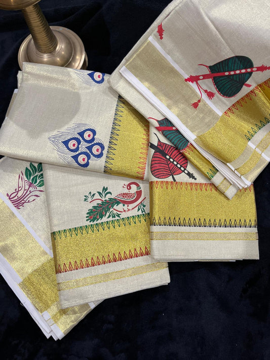 Saree - Gold Kasavu with Prints along Border & Body