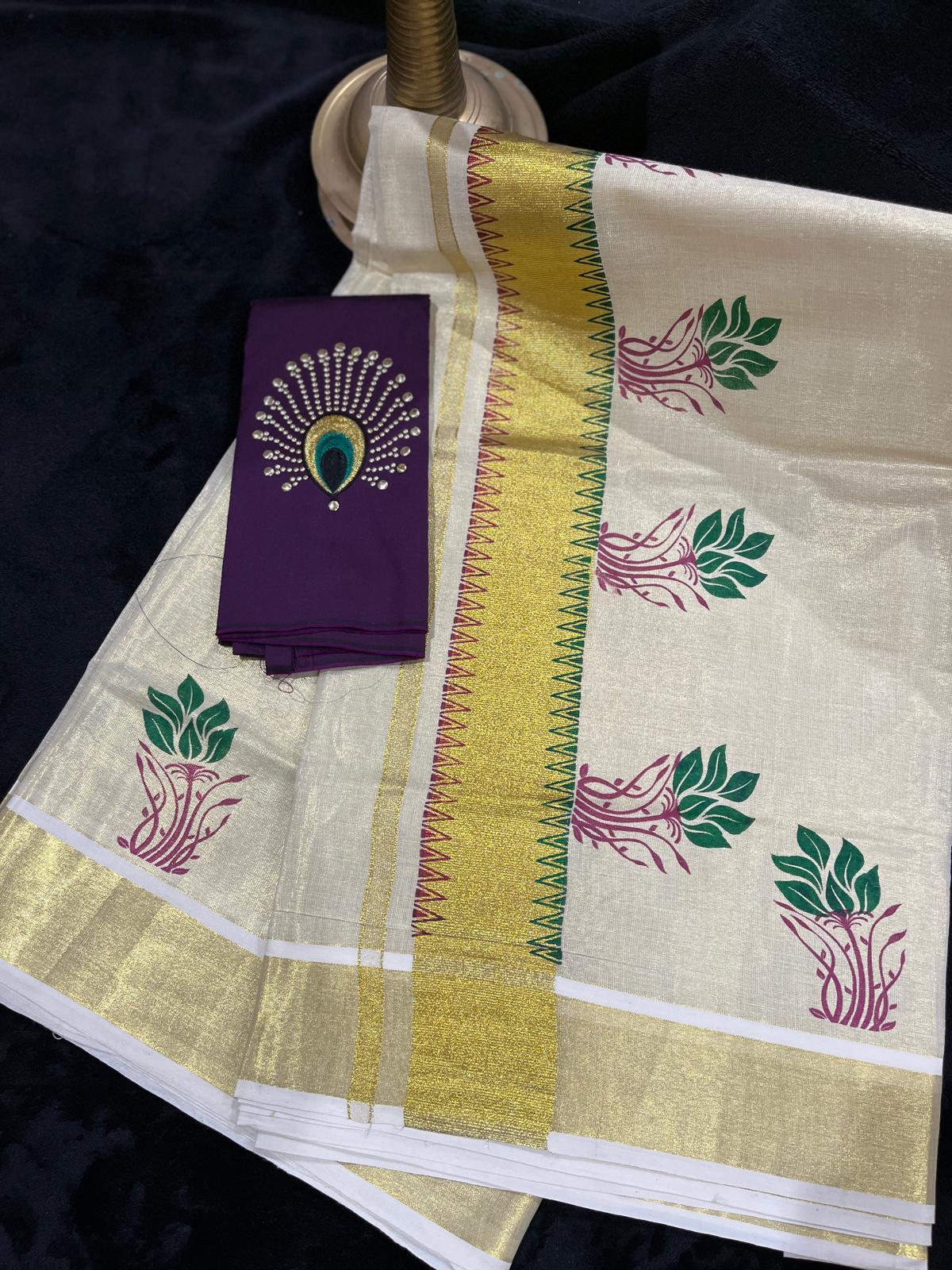 Saree - Gold Kasavu with Prints along Border & Body