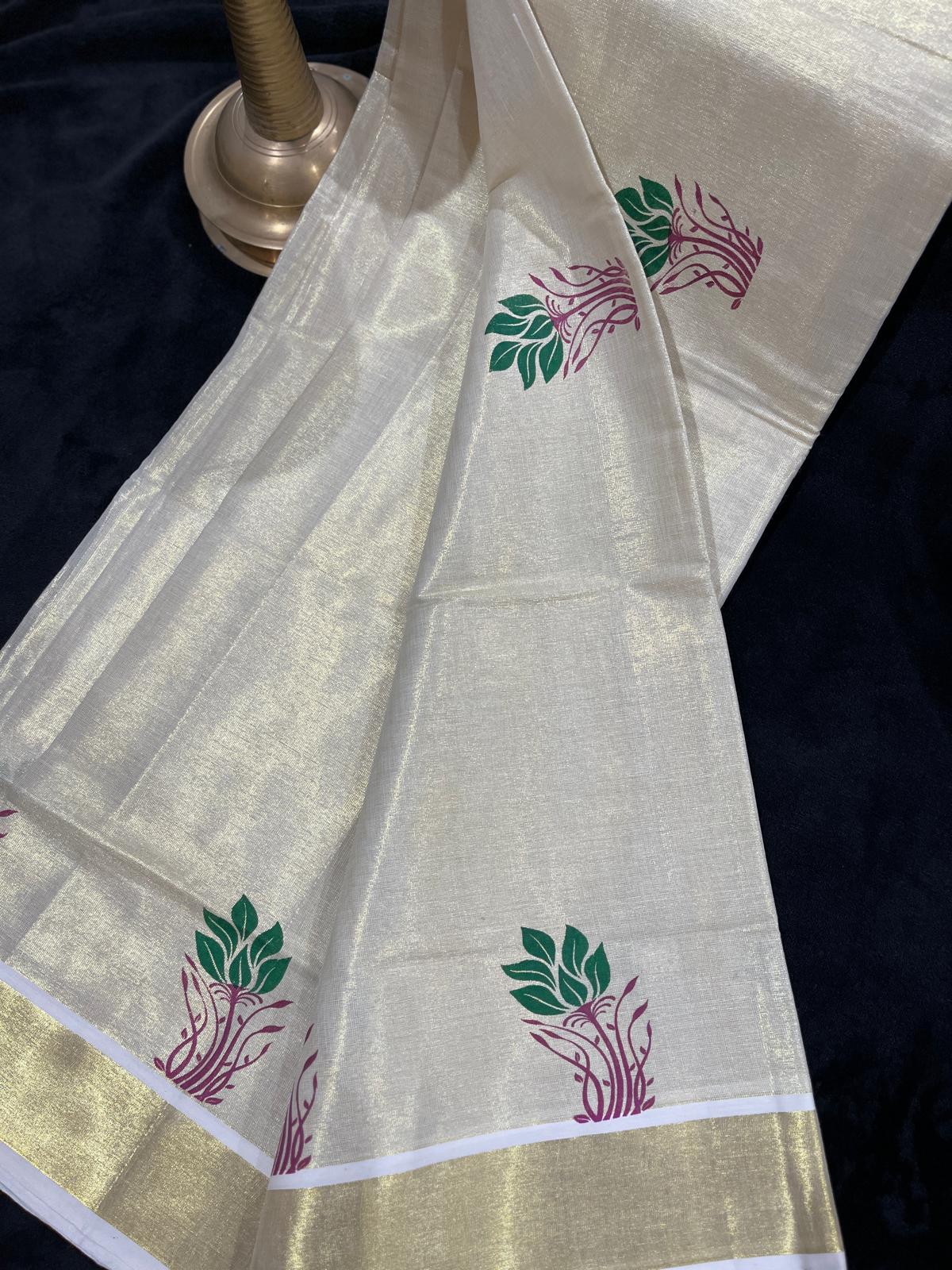 Saree - Gold Kasavu with Prints along Border & Body