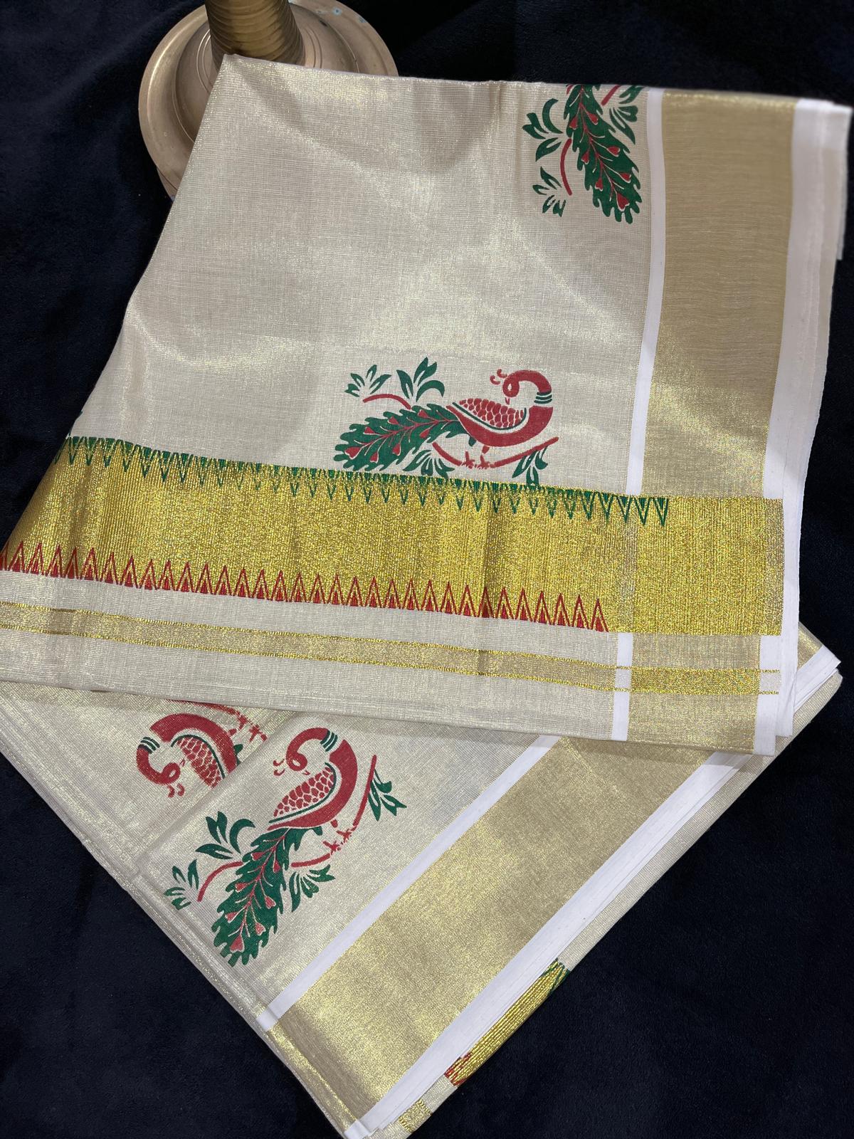 Saree - Gold Kasavu with Prints along Border & Body