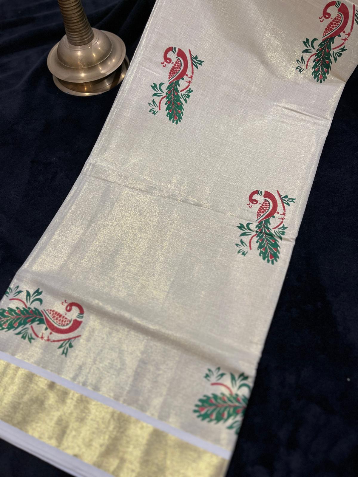 Saree - Gold Kasavu with Prints along Border & Body