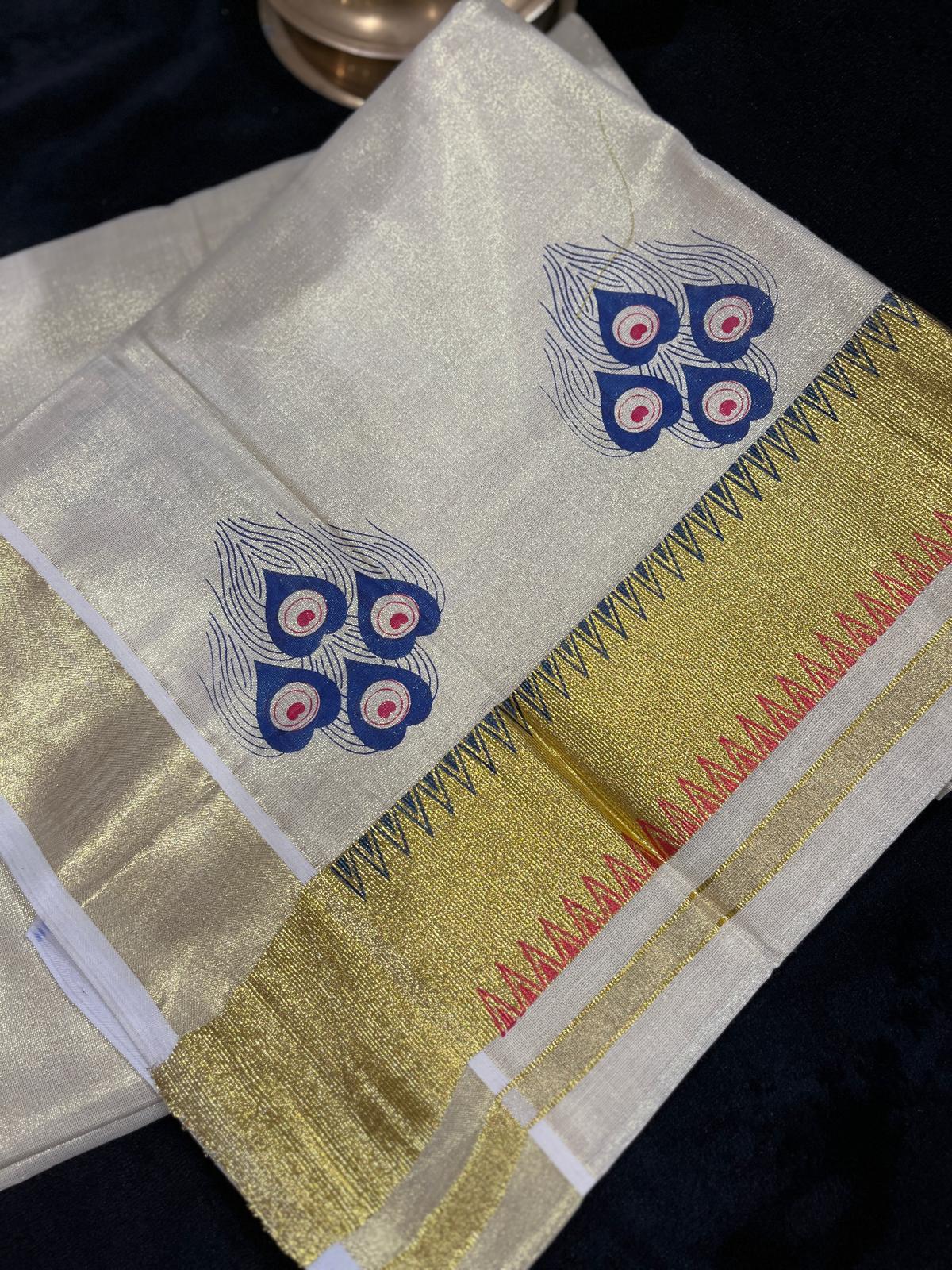 Saree - Gold Kasavu with Prints along Border & Body
