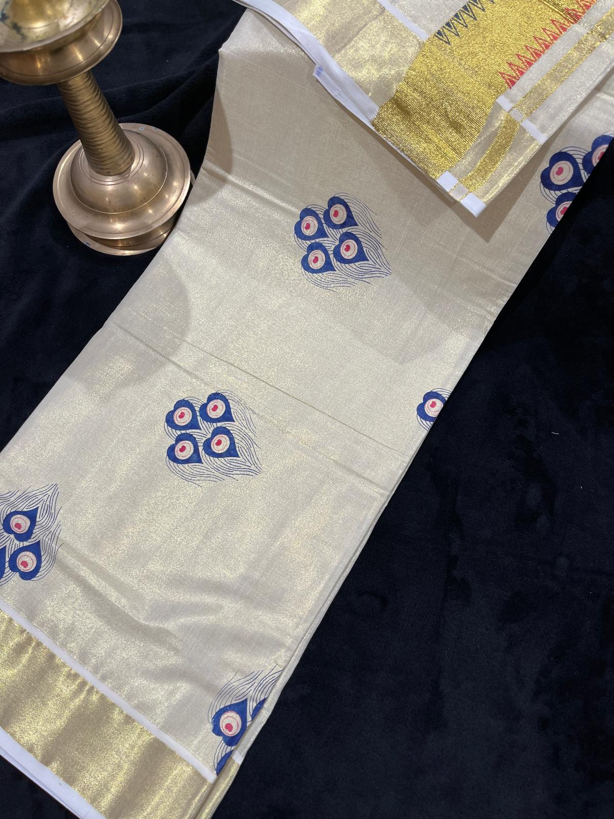 Saree - Gold Kasavu with Prints along Border & Body