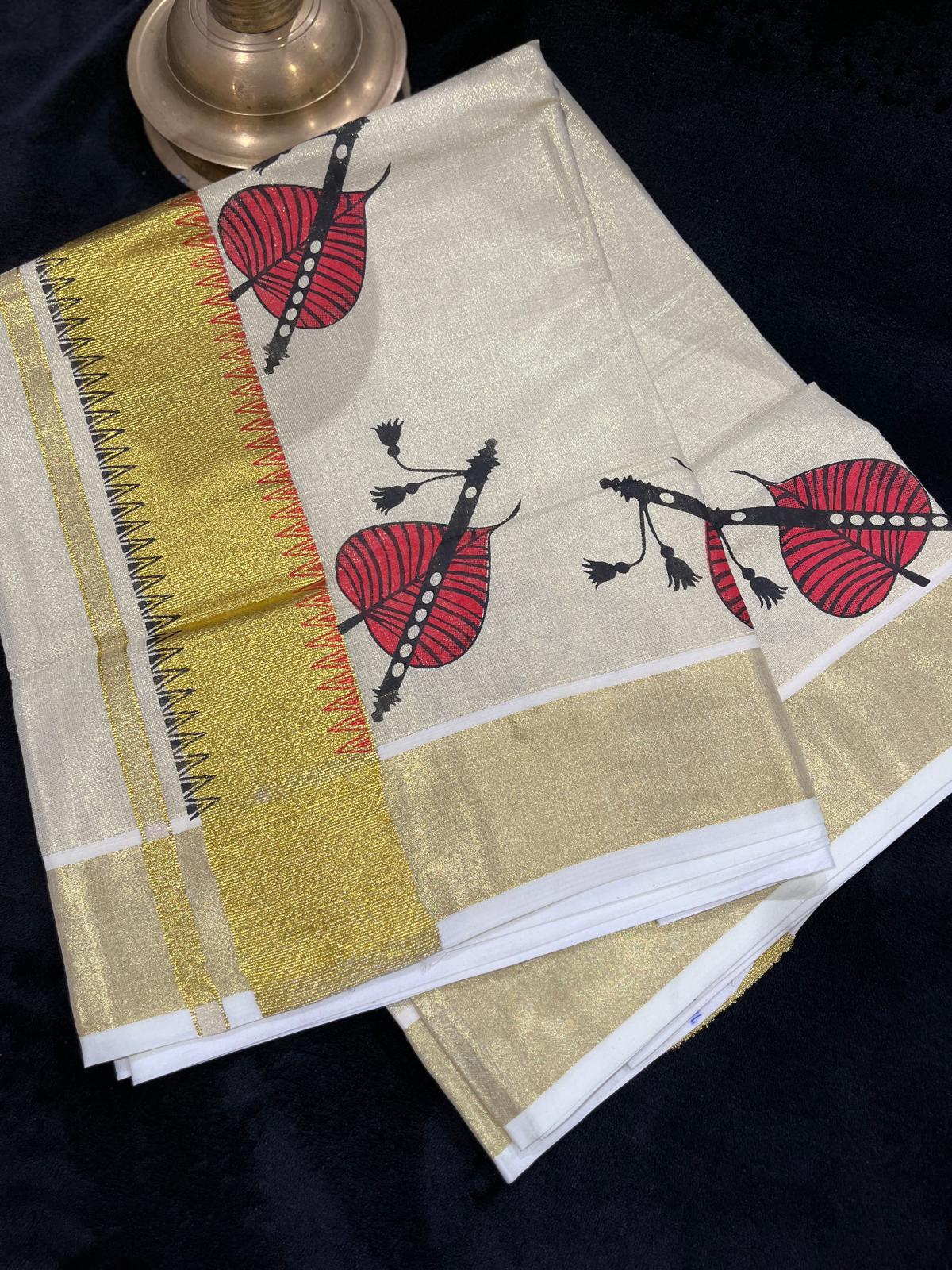 Saree - Gold Kasavu with Prints along Border & Body
