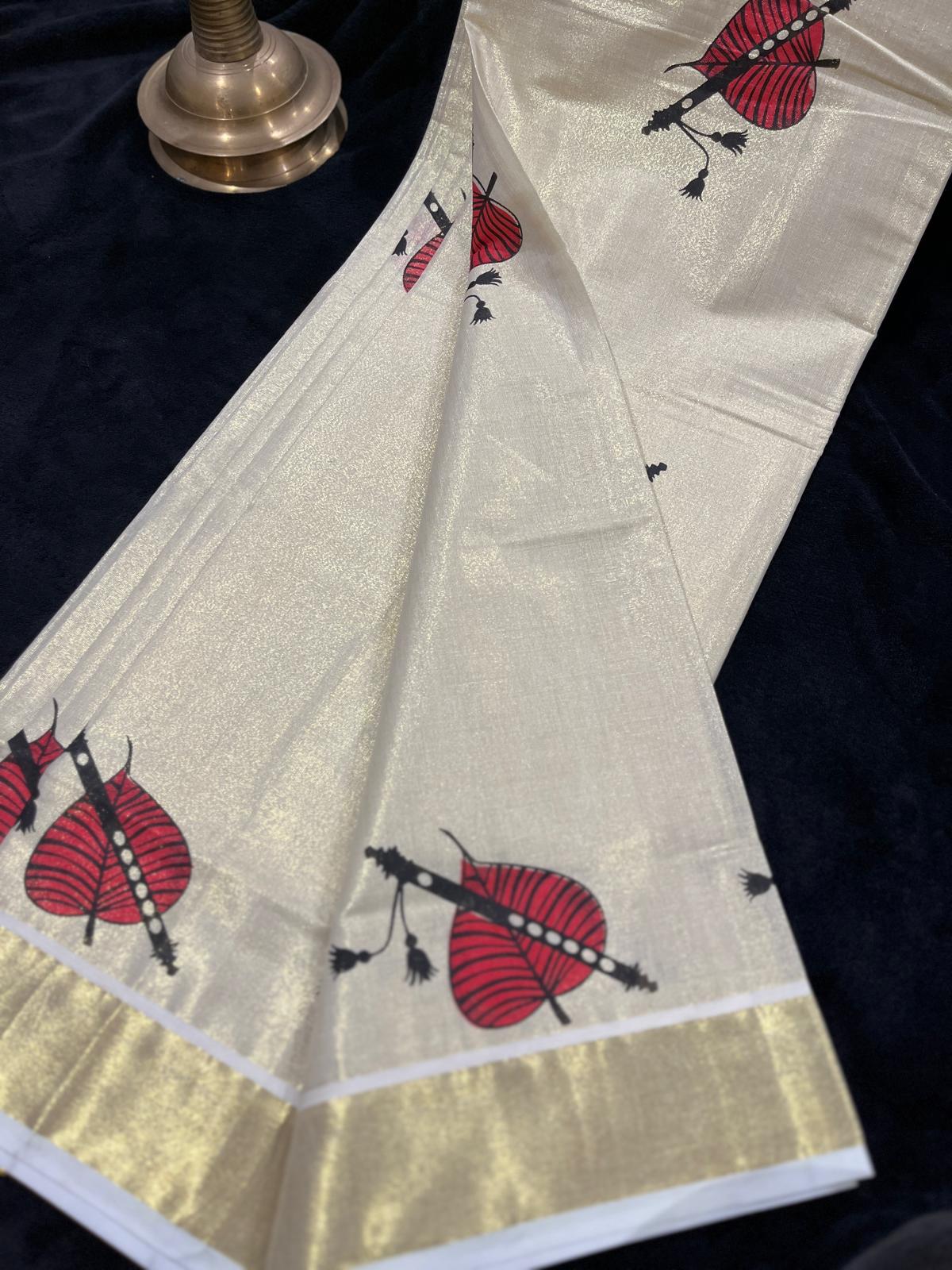 Saree - Gold Kasavu with Prints along Border & Body