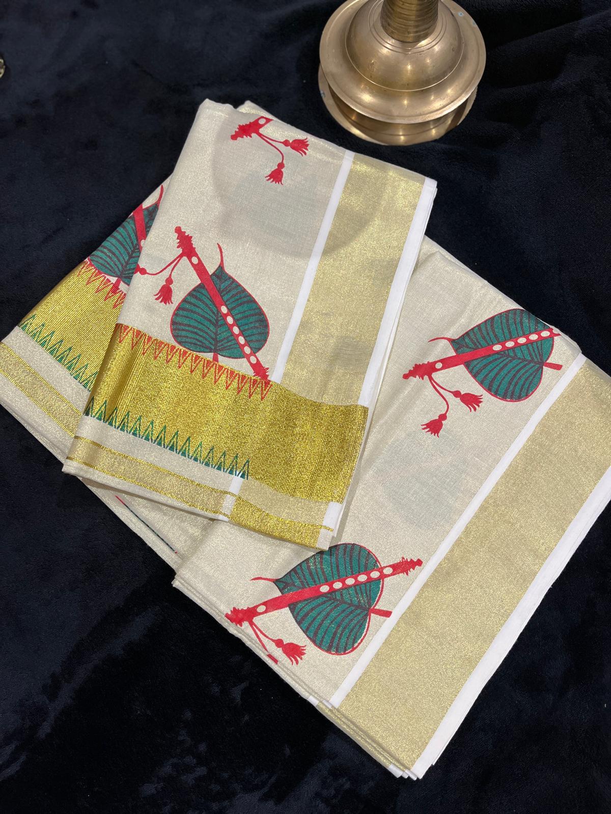 Saree - Gold Kasavu with Prints along Border & Body