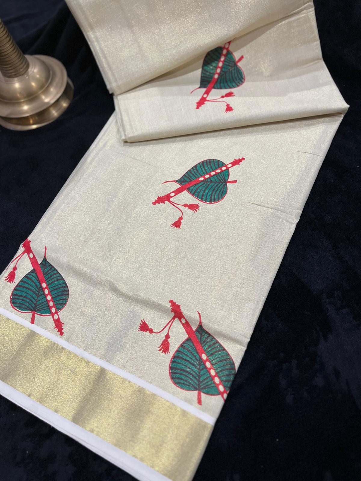 Saree - Gold Kasavu with Prints along Border & Body