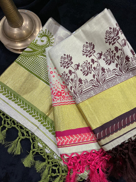 Saree - Gold Kasavu with Prints along Border & Tassels