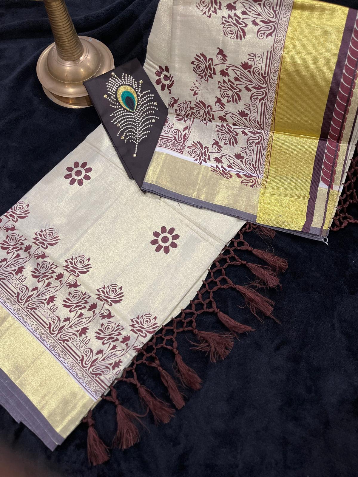 Saree - Gold Kasavu with Prints along Border & Tassels