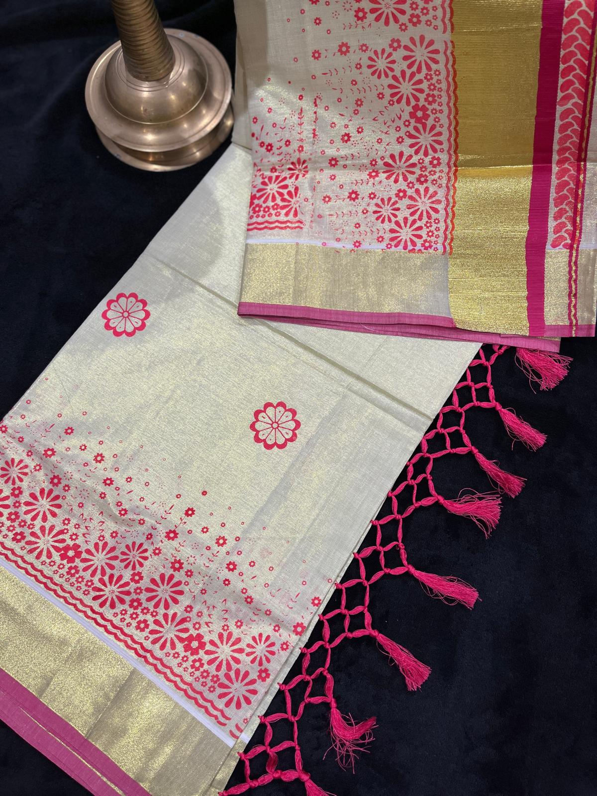 Saree - Gold Kasavu with Prints along Border & Tassels