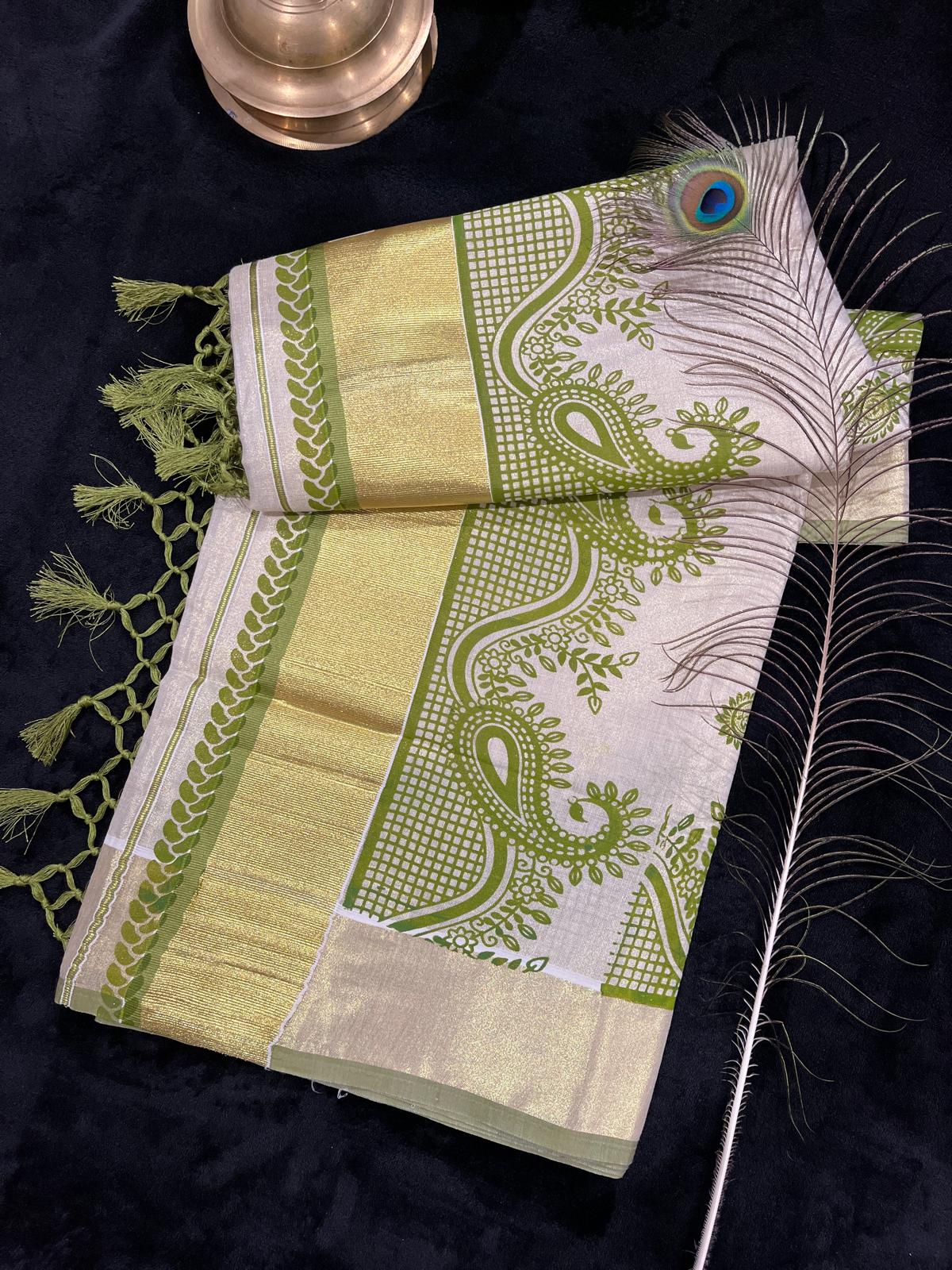 Saree - Gold Kasavu with Prints along Border & Tassels