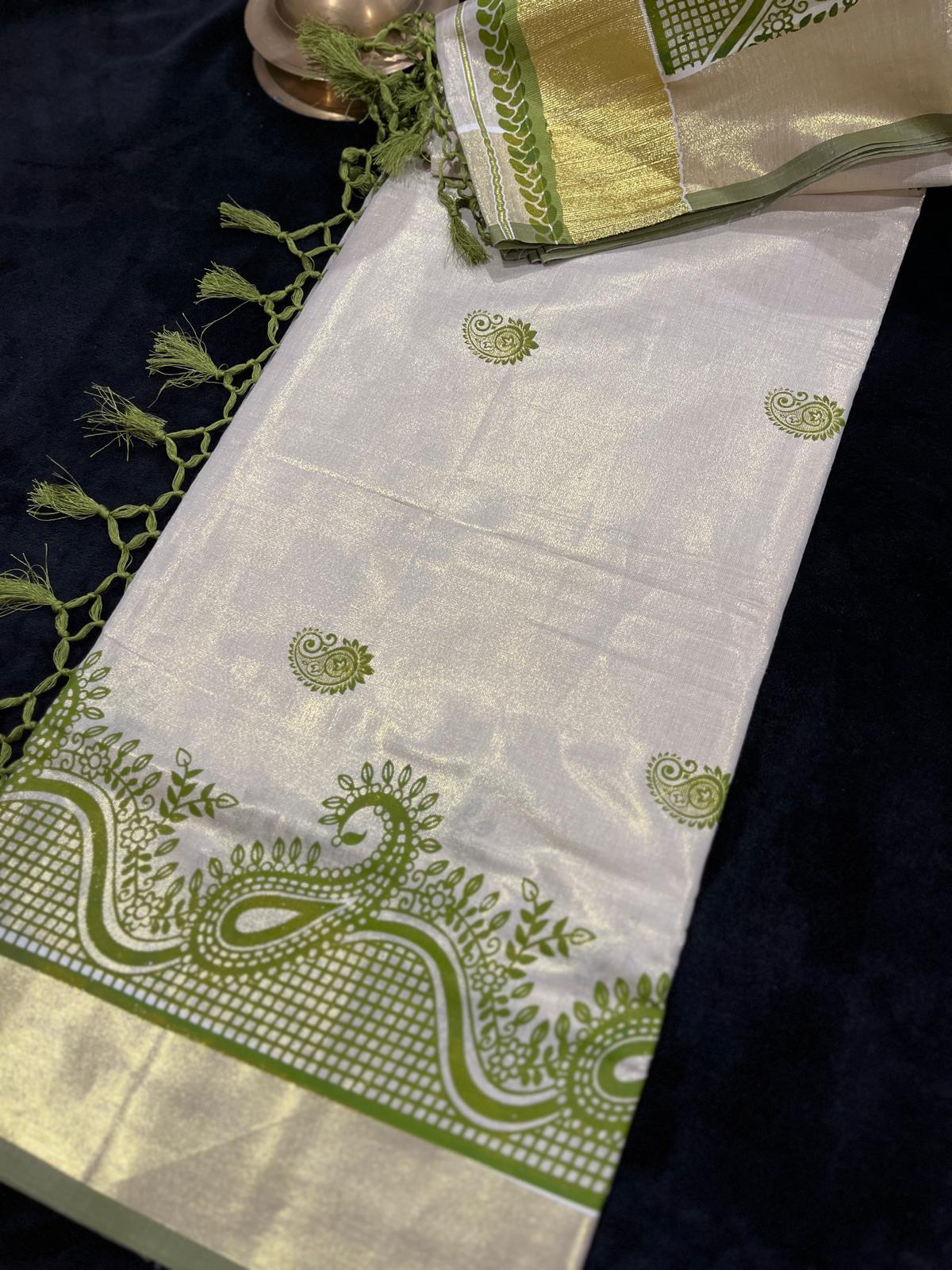 Saree - Gold Kasavu with Prints along Border & Tassels