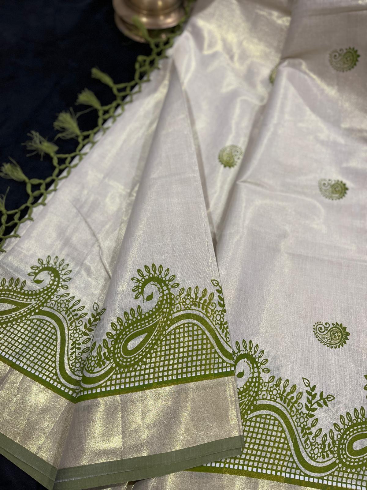 Saree - Gold Kasavu with Prints along Border & Tassels