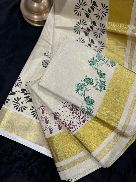 Saree - Gold Kasavu with Prints along Border