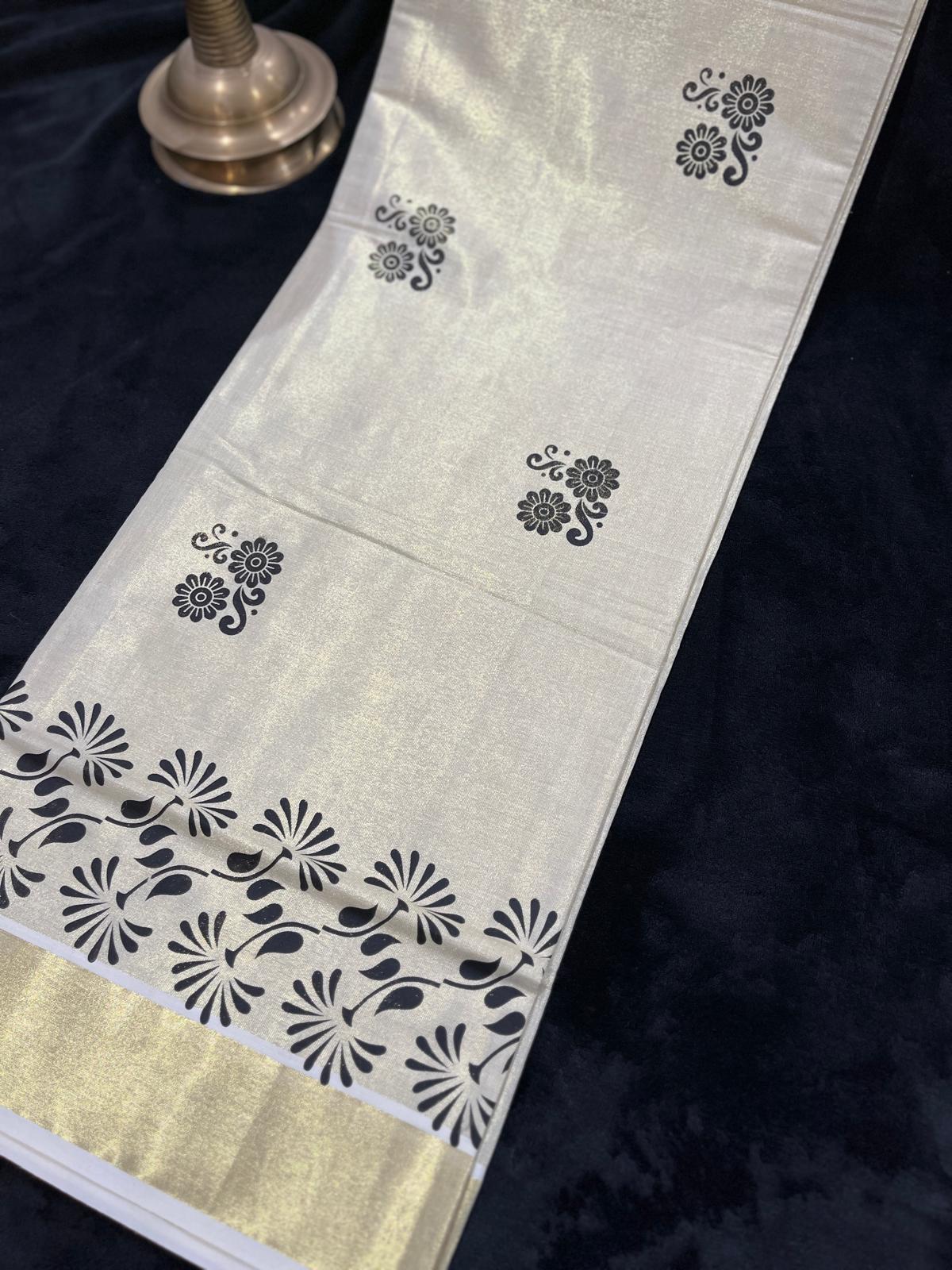 Saree - Gold Kasavu with Prints along Border