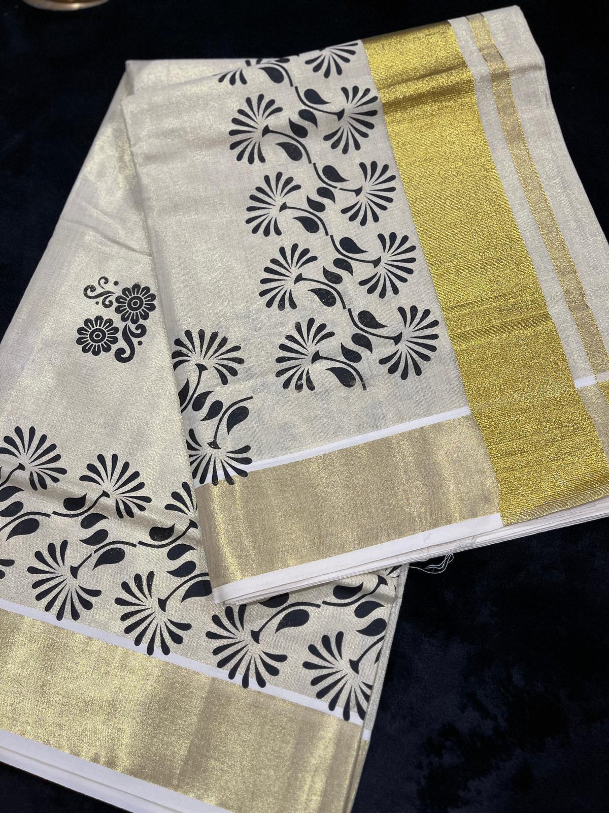 Saree - Gold Kasavu with Prints along Border