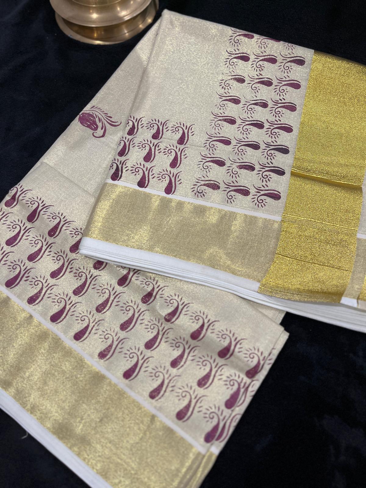 Saree - Gold Kasavu with Prints along Border