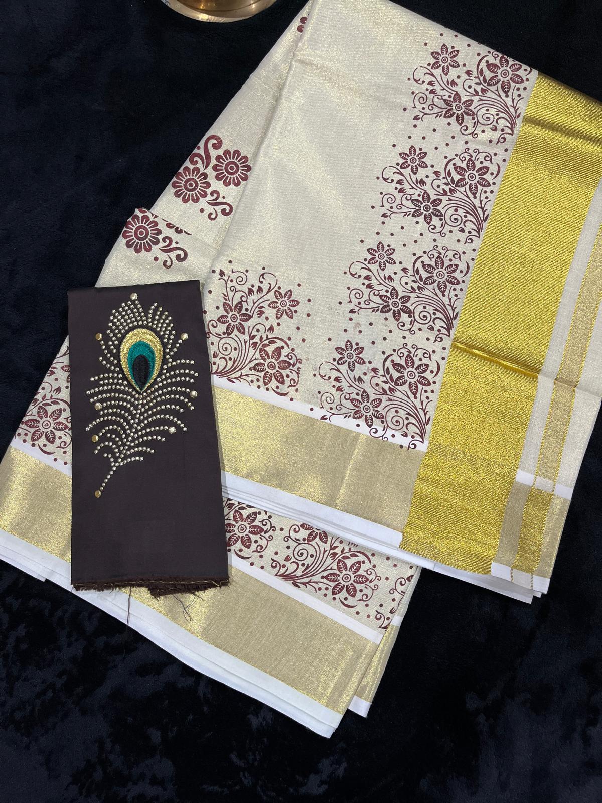 Saree - Gold Kasavu with Prints along Border
