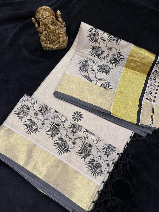 Saree - Gold Kasavu with Prints along Border with Tassels